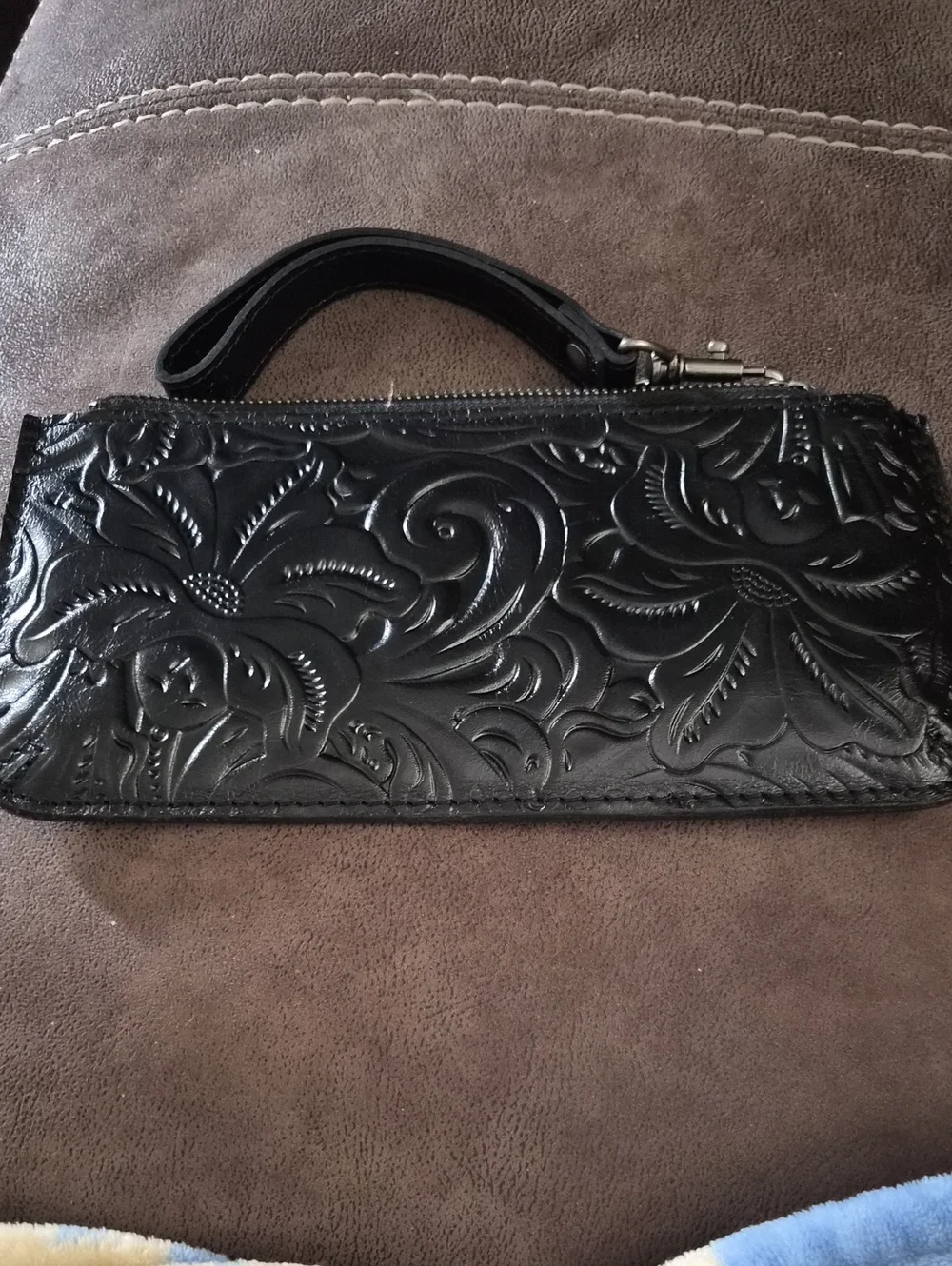 Patricia Nash Black Embossed Floral Leather Wristlet